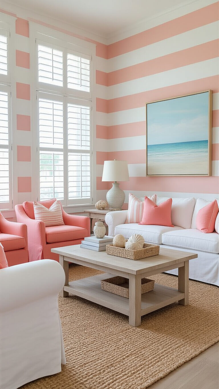 Coastal modern living room with blush pink and white striped accent wall, white slipcovered sofas, coral pink chairs, sisal rug, and bleached wood coffee table in bright beach light.