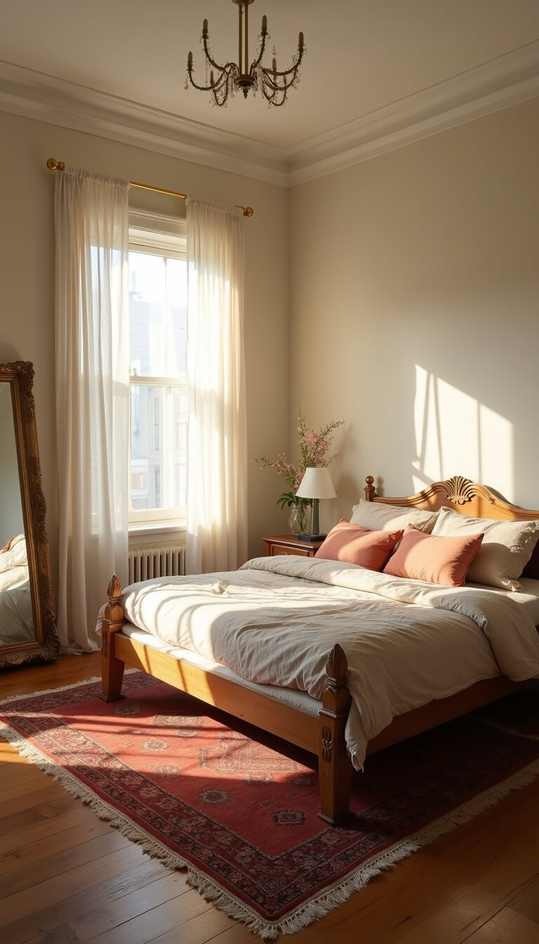 Sunlit bedroom with carved wooden bed, rumpled ivory and terra cotta linens, vintage Persian rug, and brass-framed mirror reflecting warm morning light.