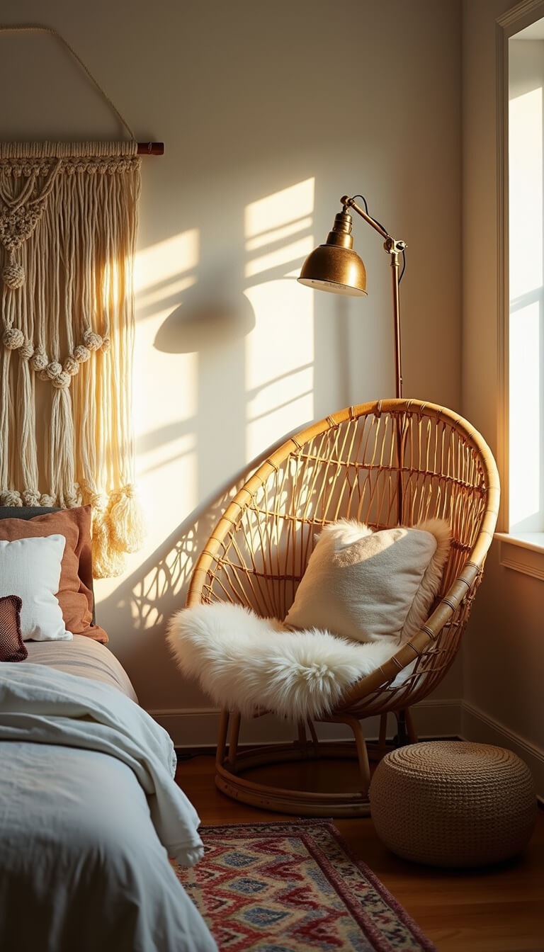 Vintage boho bedroom corner with rattan peacock chair, cream sheepskin, macramé wall hanging, and warm golden hour lighting.
