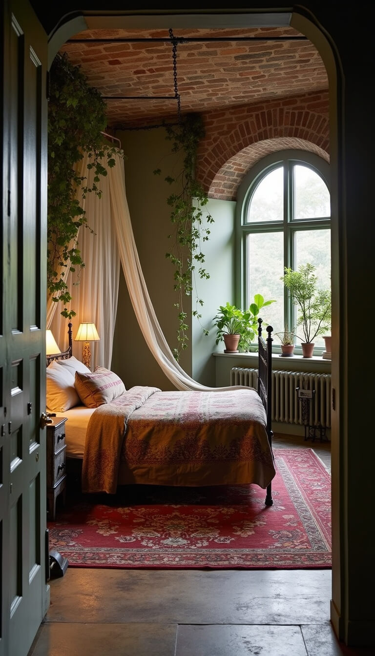 Boho sanctuary bedroom with exposed brick and sage walls, Victorian iron canopy bed, vintage rugs, arched windows with trailing plants, and atmospheric dusk lighting.