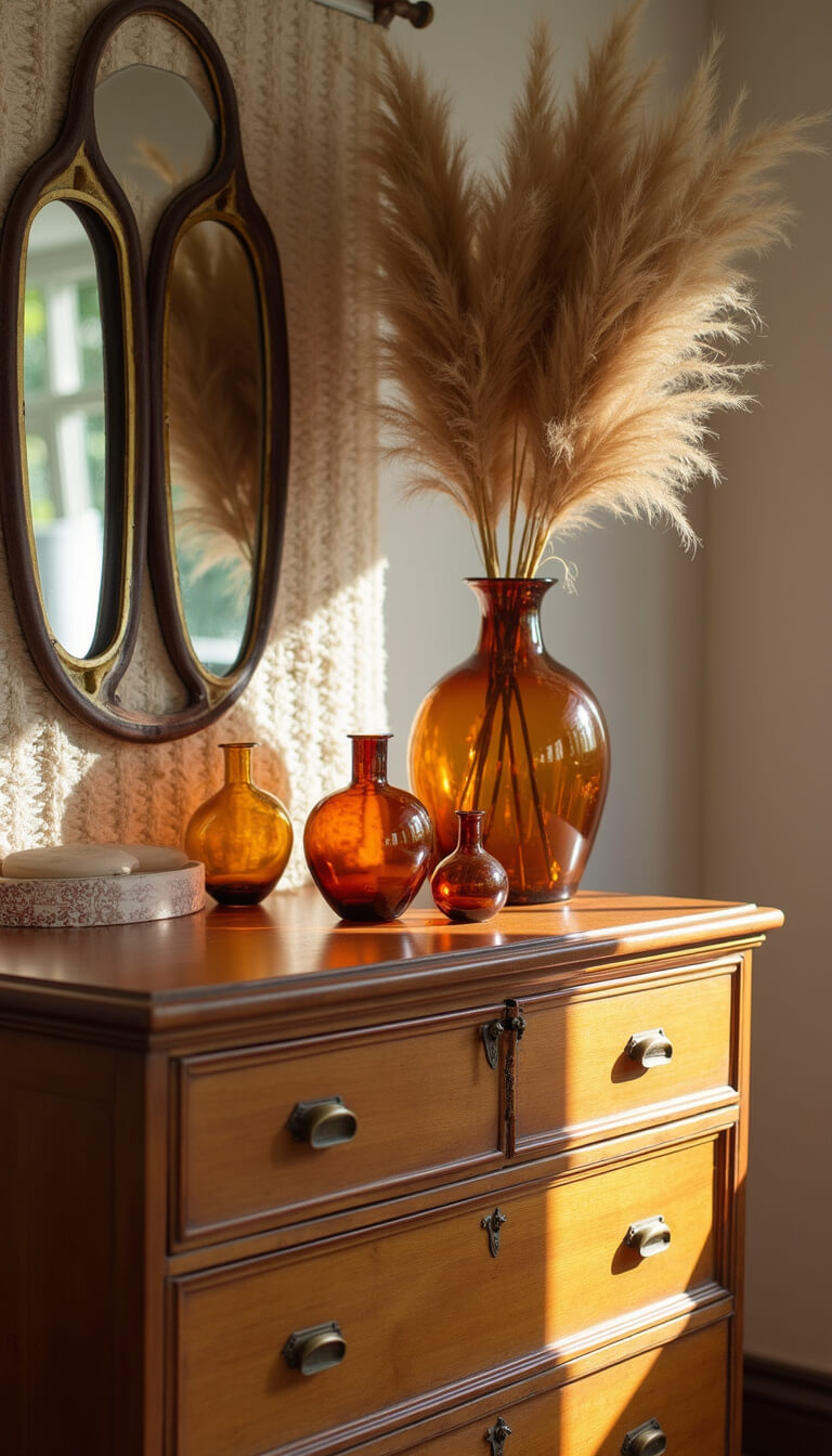 Close-up of antique oak dresser with brass hardware displaying amber glass vessels, dried pampas grass, and vintage mirror triptych, set against handwoven wall tapestry in warm morning light.