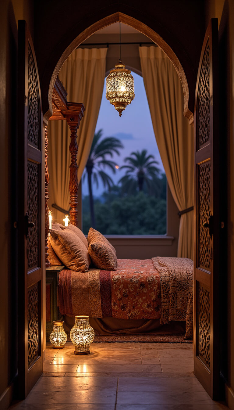 Twilight view through carved wooden archway into bedroom with four-poster bed, layered textiles, silk pillows, and Moroccan lanterns casting intricate light patterns.