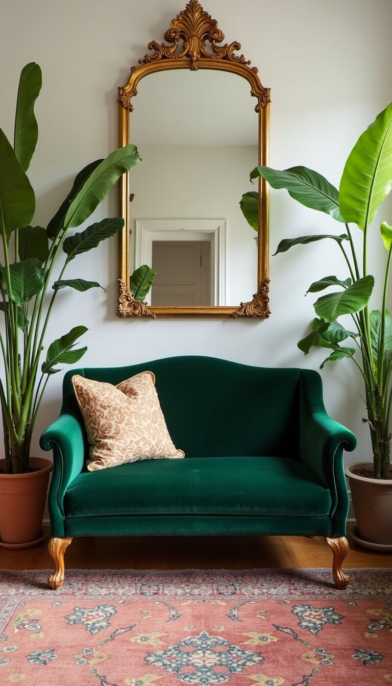 Morning meditation nook with emerald velvet Victorian fainting couch, surrounded by lush potted plants, vintage gilt mirror, and layered earthy-toned rugs under high ceiling.
