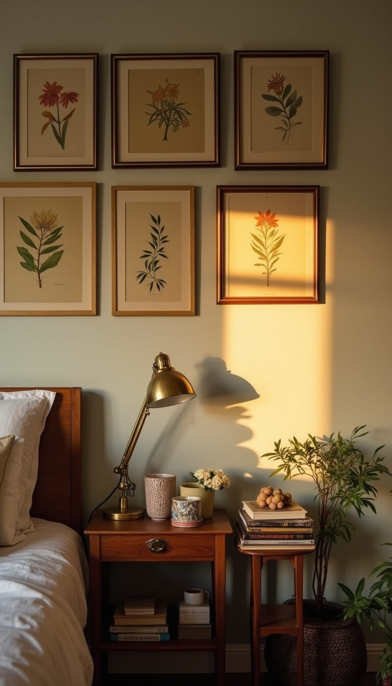 Eclectic bedside vignette with vintage tables, brass lamp, art books, ceramic vessels, and botanical prints in golden hour light.