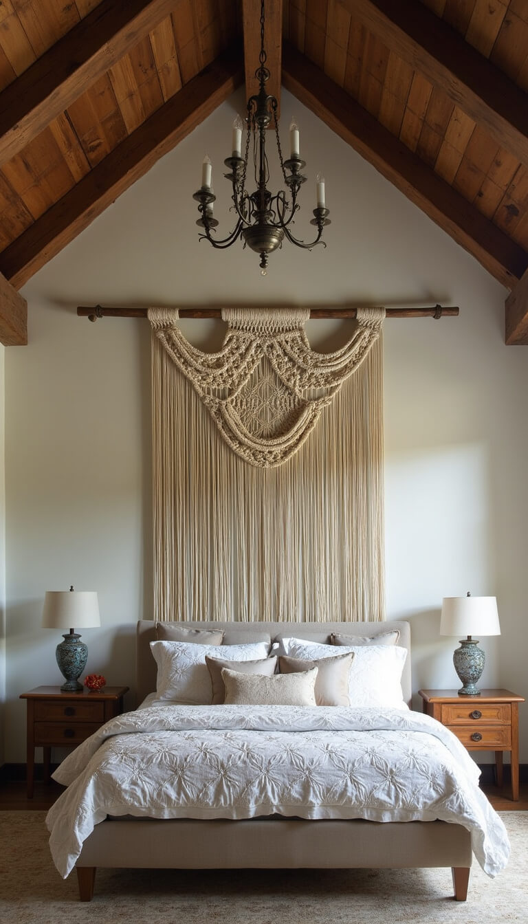 Overhead view of king bed with rumpled linen and vintage quilts beneath dramatic ceiling with exposed beams and vintage chandelier, macramé headboard adding texture.