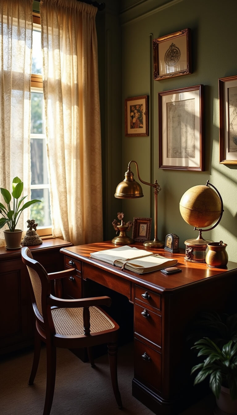 Vintage boho bedroom workspace with art deco desk, cane-backed chair, brass lamp, vintage globe, and personal curios; warm late afternoon light through lace curtains.