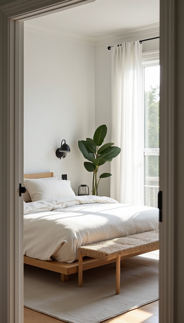 Scandinavian bedroom with oak platform bed, ivory linens, floor-to-ceiling windows, grey rug, and fiddle leaf fig in morning light.