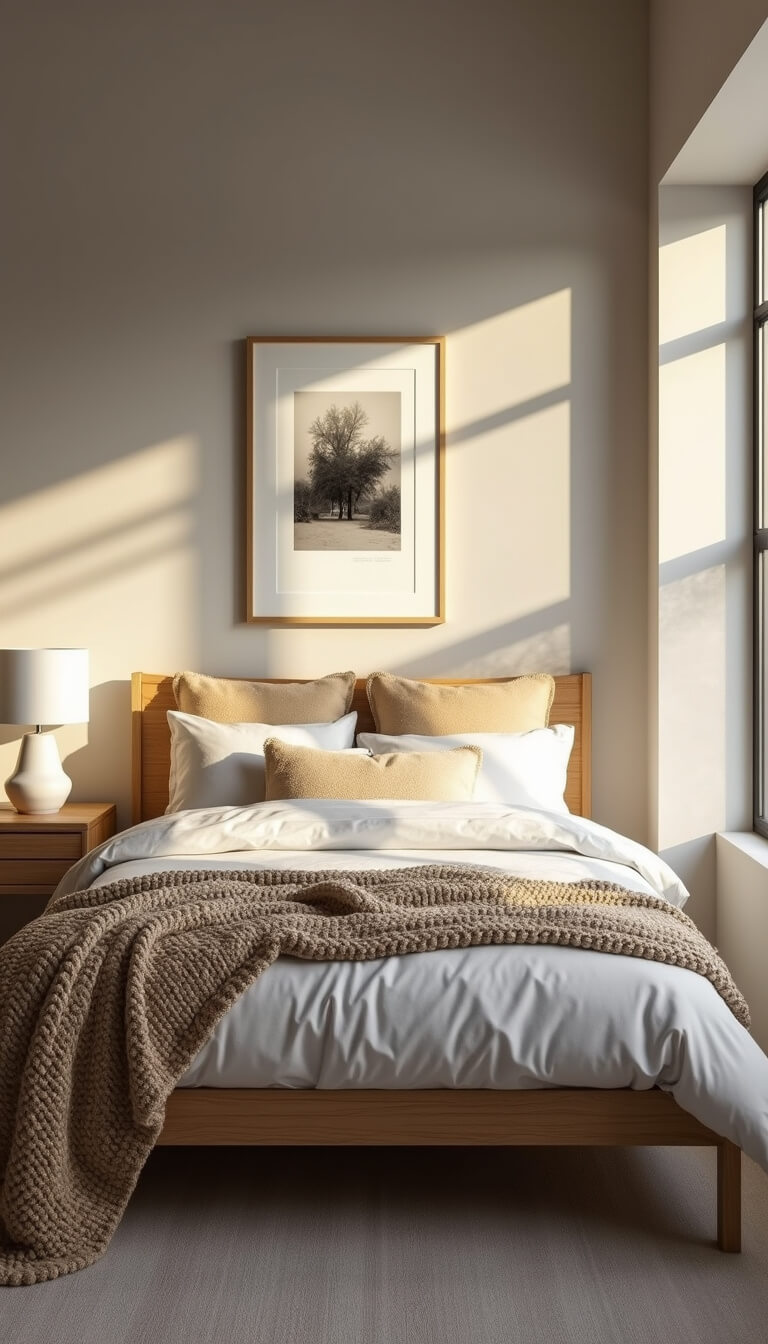 Cozy 10x12ft bedroom with blonde wood bed, white and cream layered bedding, oatmeal knit throw, floating nightstand with white lamp, and black-and-white photo gallery wall in golden hour light.