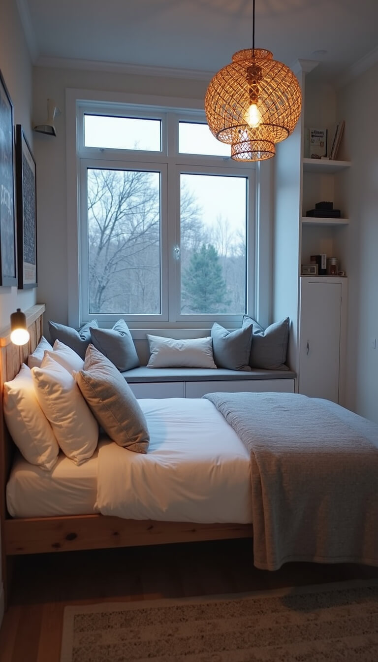 Cozy 11x13ft bedroom at dusk with window seat, white linens, pine bed, woven pendant light, and minimalist decor on floating shelves.