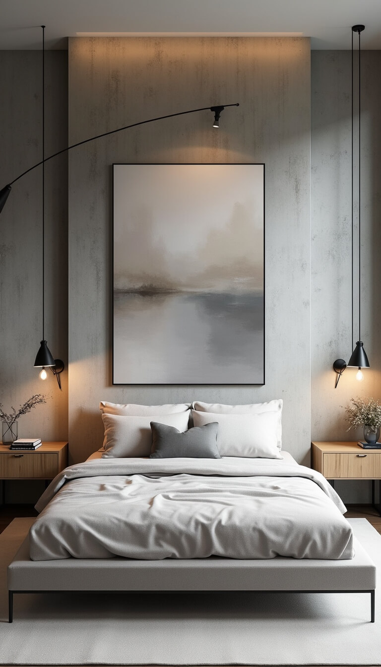 Modern 13x15ft bedroom with concrete accent wall, low-profile light grey upholstered bed, black arched floor lamp, minimal bleached oak side tables, and large muted abstract art in a symmetrical Scandinavian-industrial design.
