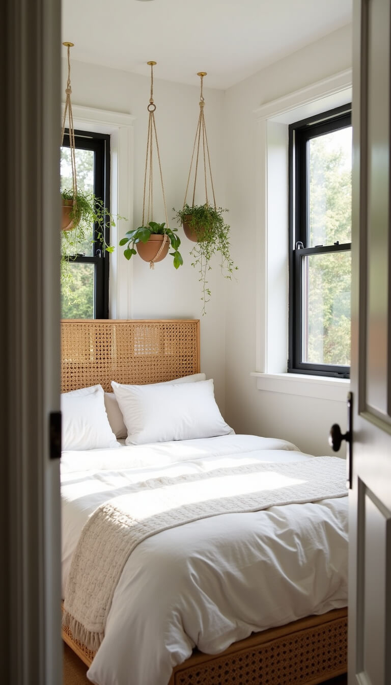 Sunlit 9x11ft bedroom with rattan headboard, layered white and cream bedding, black metal window frames, and hanging macrame plants.