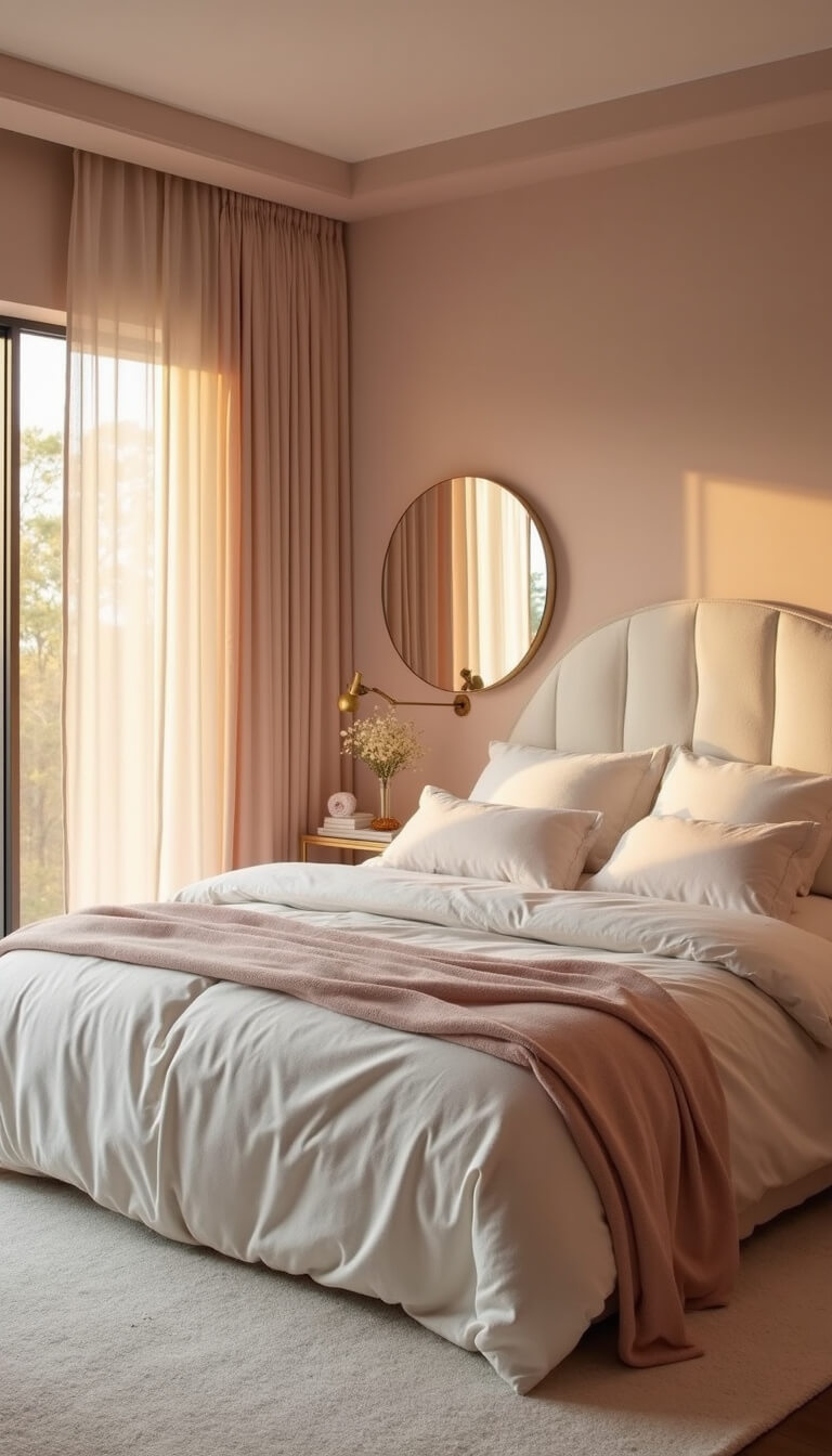 Luxurious 14x16ft bedroom at sunset with cream bouclé headboard, pale pink walls, round mirror reflecting golden light, brass sconces, and plush cream carpet.