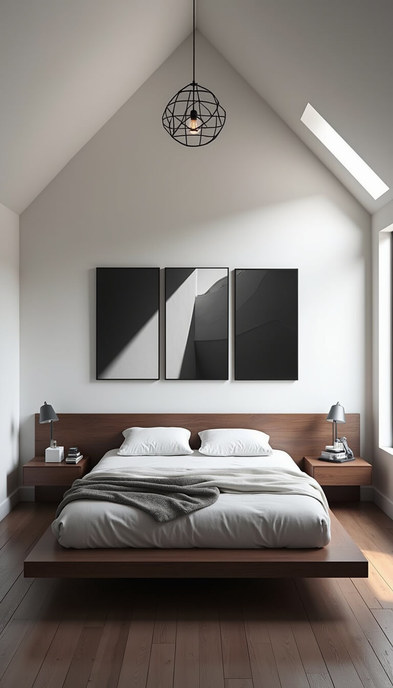 Modern 12x14ft bedroom with sloped ceiling, dark oak platform bed, floating nightstands, geometric pendant light, and black-and-white triptych above bed.