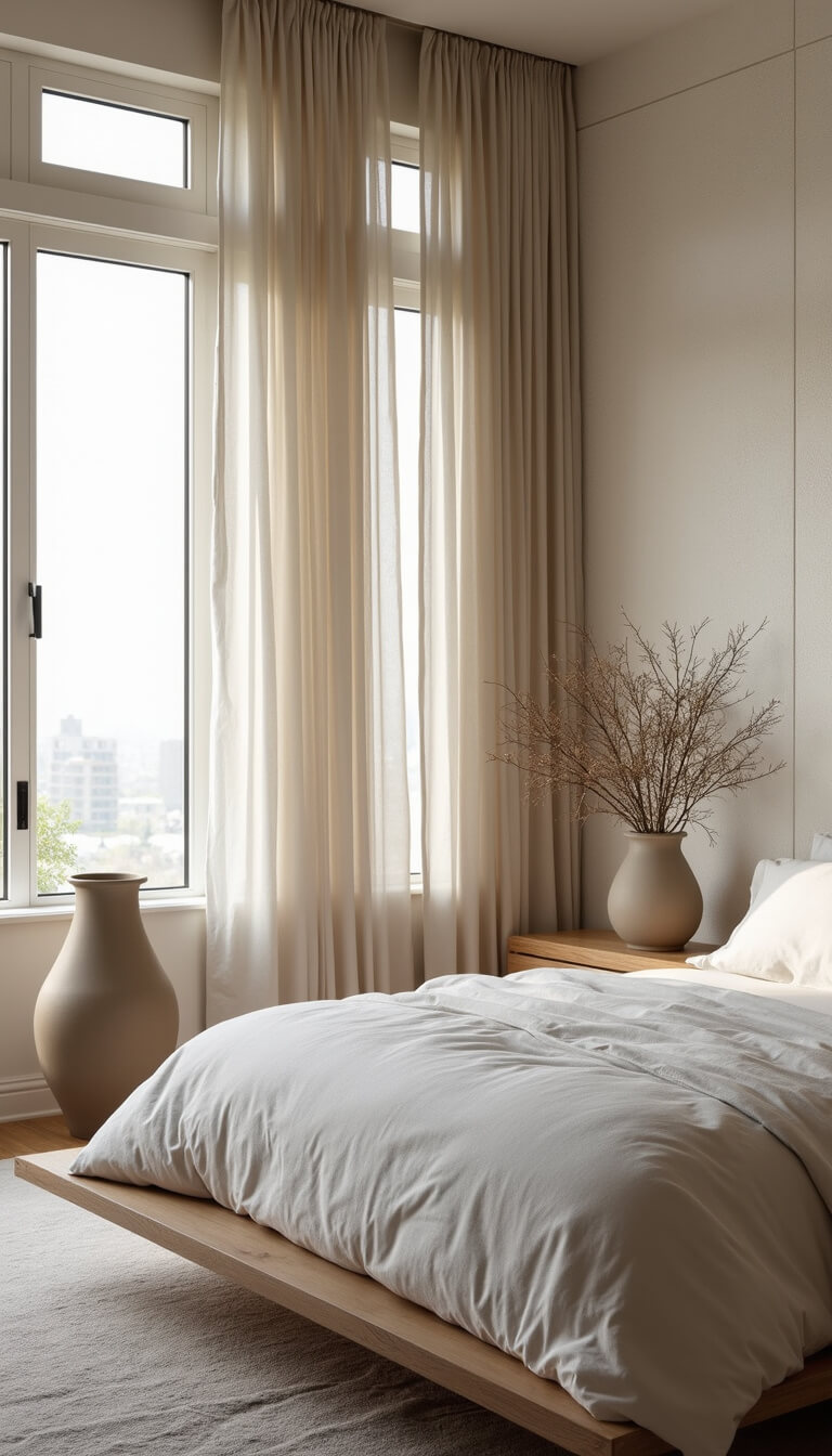Airy 13x15ft bedroom with light-filtering linen curtains, natural oak platform bed with integrated side tables, oversized ceramic vessels in corner, and textured white walls, captured from elevated corner with soft natural lighting.