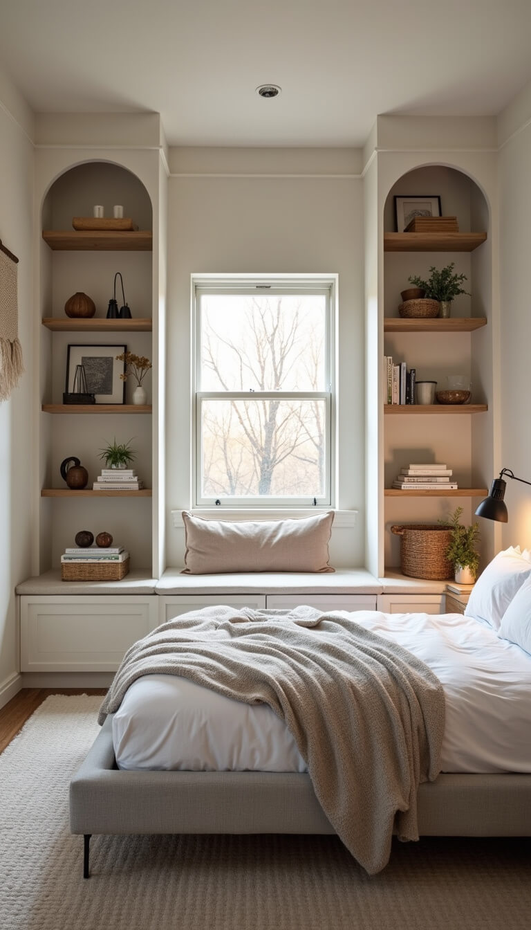 Cozy 10x12ft bedroom with light grey upholstered bed, built-in window seat, white oak floating shelves, handwoven wall hanging, and black table lamps in golden hour light.