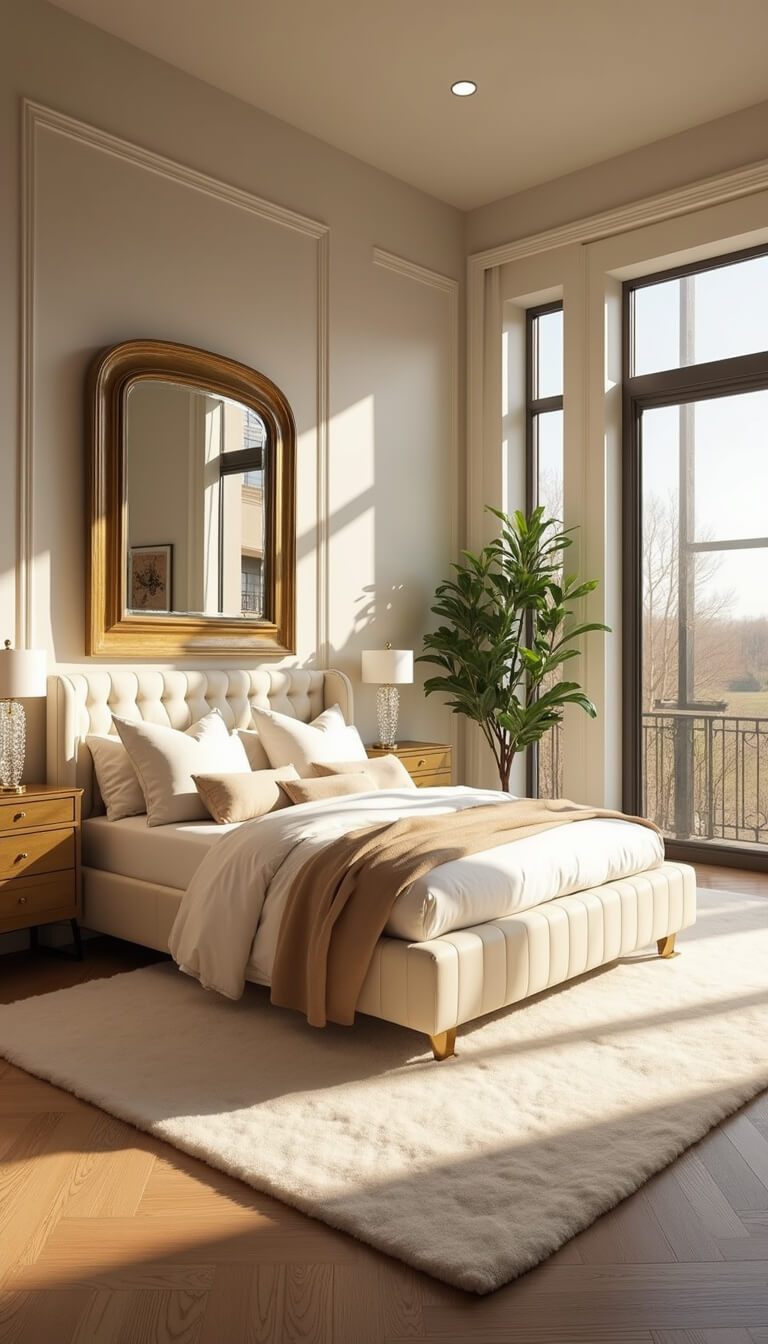 Spacious master bedroom with a cream-tufted king bed, champagne and white bedding, brass nightstands, crystal lamps, and golden hour light filling the room through floor-to-ceiling windows.