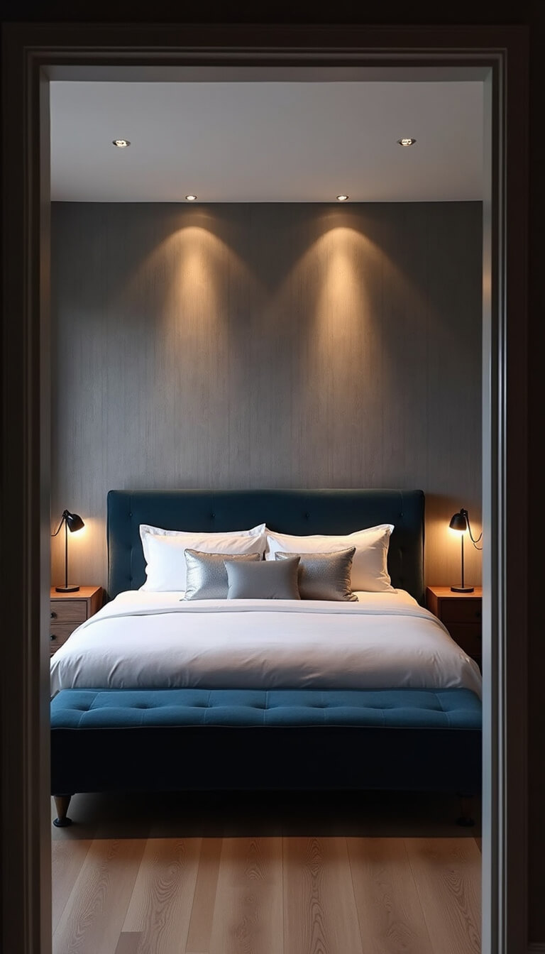 Cozy twilight-lit 12x12ft bedroom with navy velvet queen bed, white linens, floating walnut nightstands, and textured gray wallpaper.
