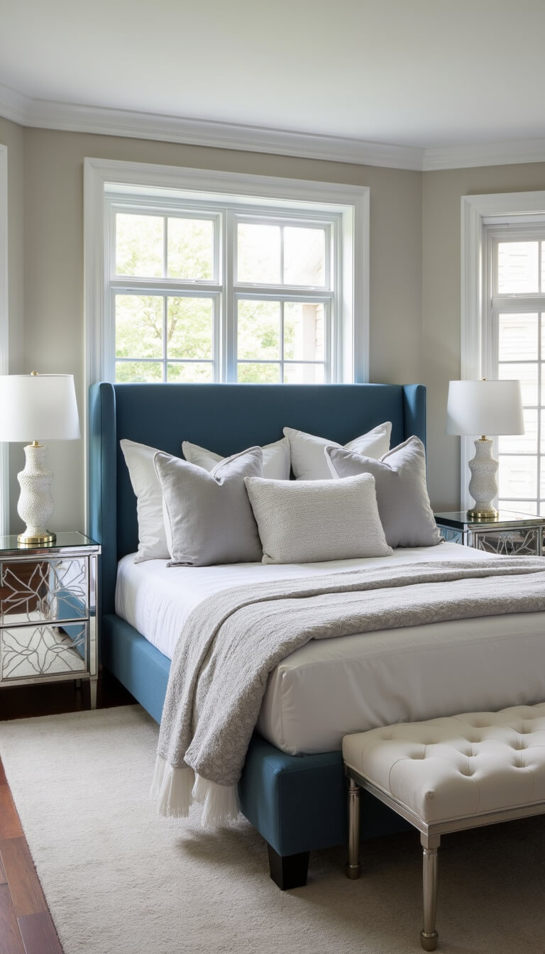 Primary bedroom with slate blue platform bed, layered white and gray bedding, mirrored nightstands, and cream tufted bench, bathed in morning light through bay windows.