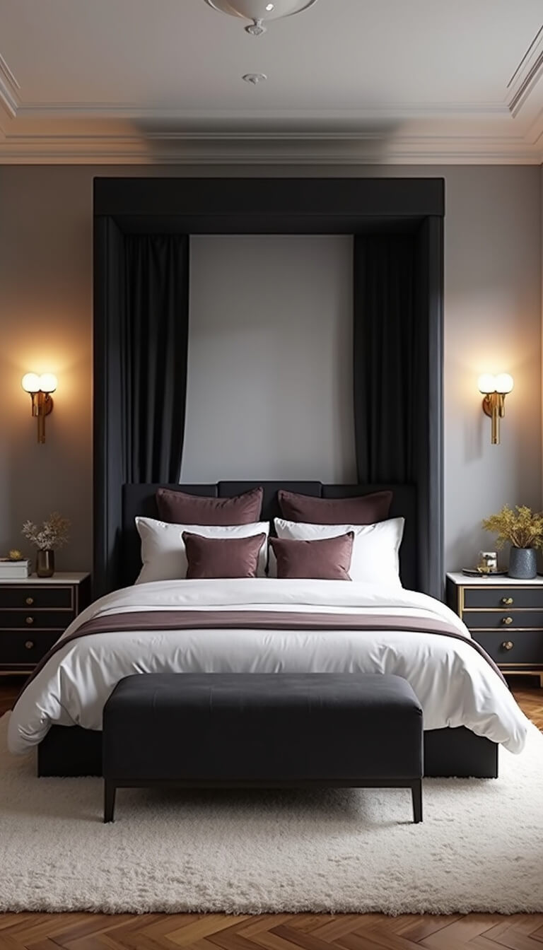 Elegant 13x15ft bedroom at dusk with black canopy bed, mauve and white linens, brass sconces, marble side tables, and herringbone floors under a cream rug.