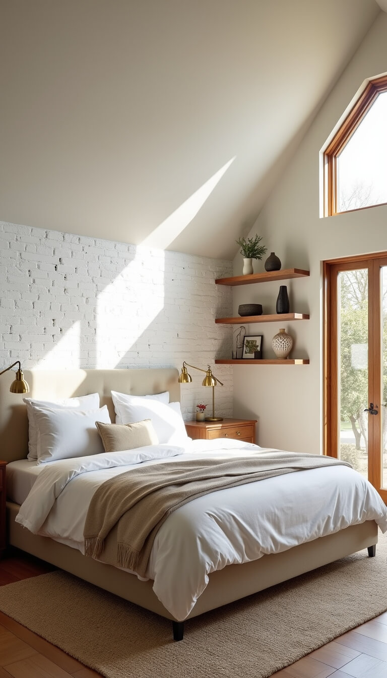 Sunlit vaulted bedroom with beige linen king bed, layered neutral bedding, brass lamps on whitewashed brick walls, and oak shelves holding ceramics and art.