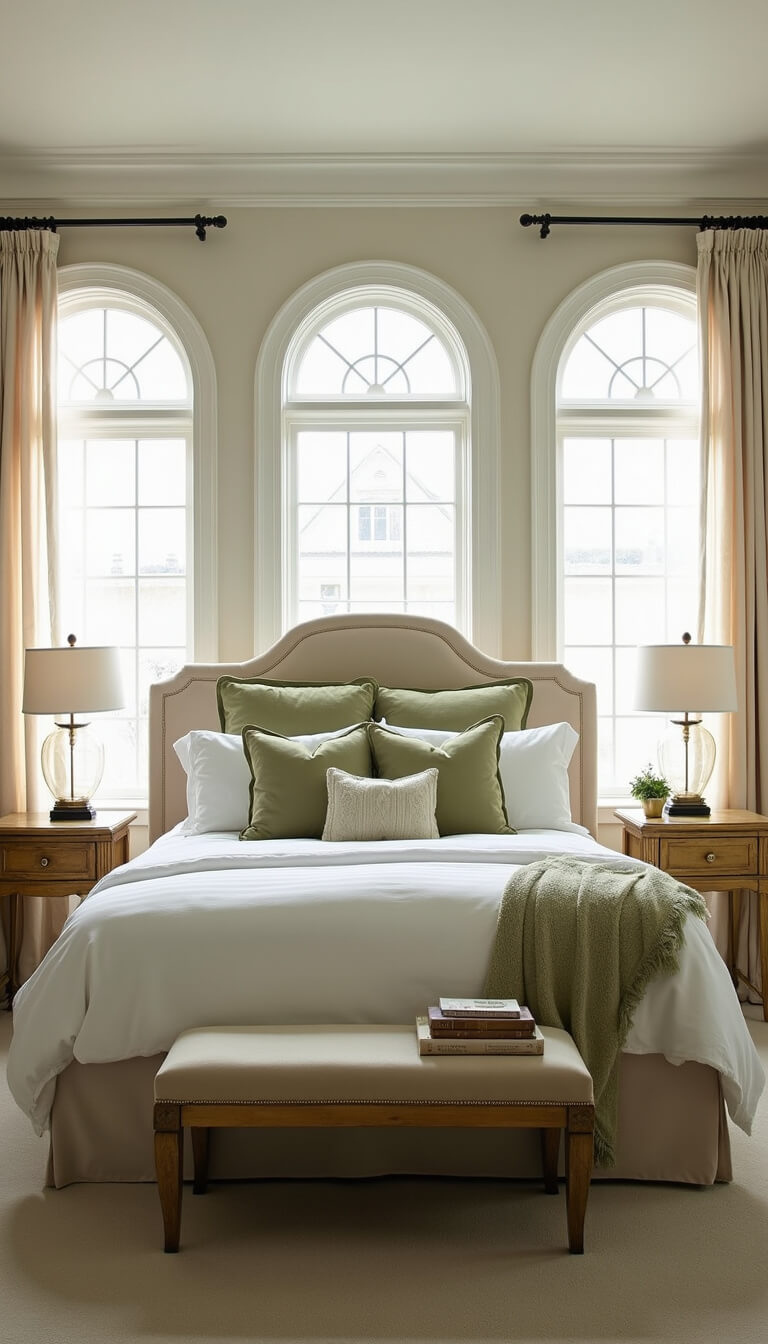 Elegant 14x14ft bedroom with champagne silk-upholstered queen bed centered between arched windows, white linen bedding, sage green accents, antique brass nightstands, and filtered midday sunlight through ivory sheers.
