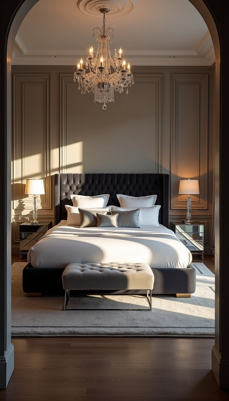 Luxurious 15x17ft bedroom at sunset with velvet king bed, crystal chandelier, glass nightstands, and pale gray chaise in reading nook.