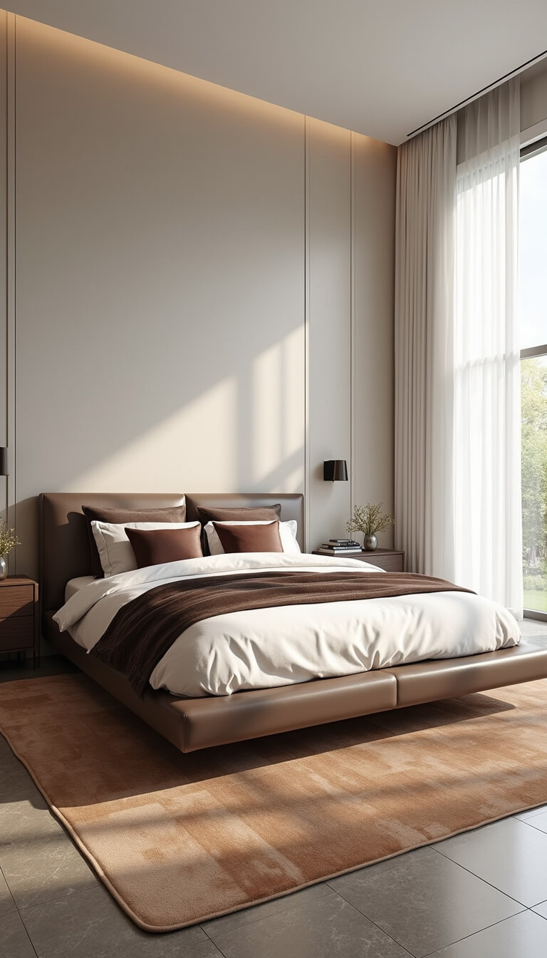 Contemporary bedroom with taupe leather platform bed on champagne rug, oak nightstands, bronze sconces, and floor-to-ceiling windows with white sheers.