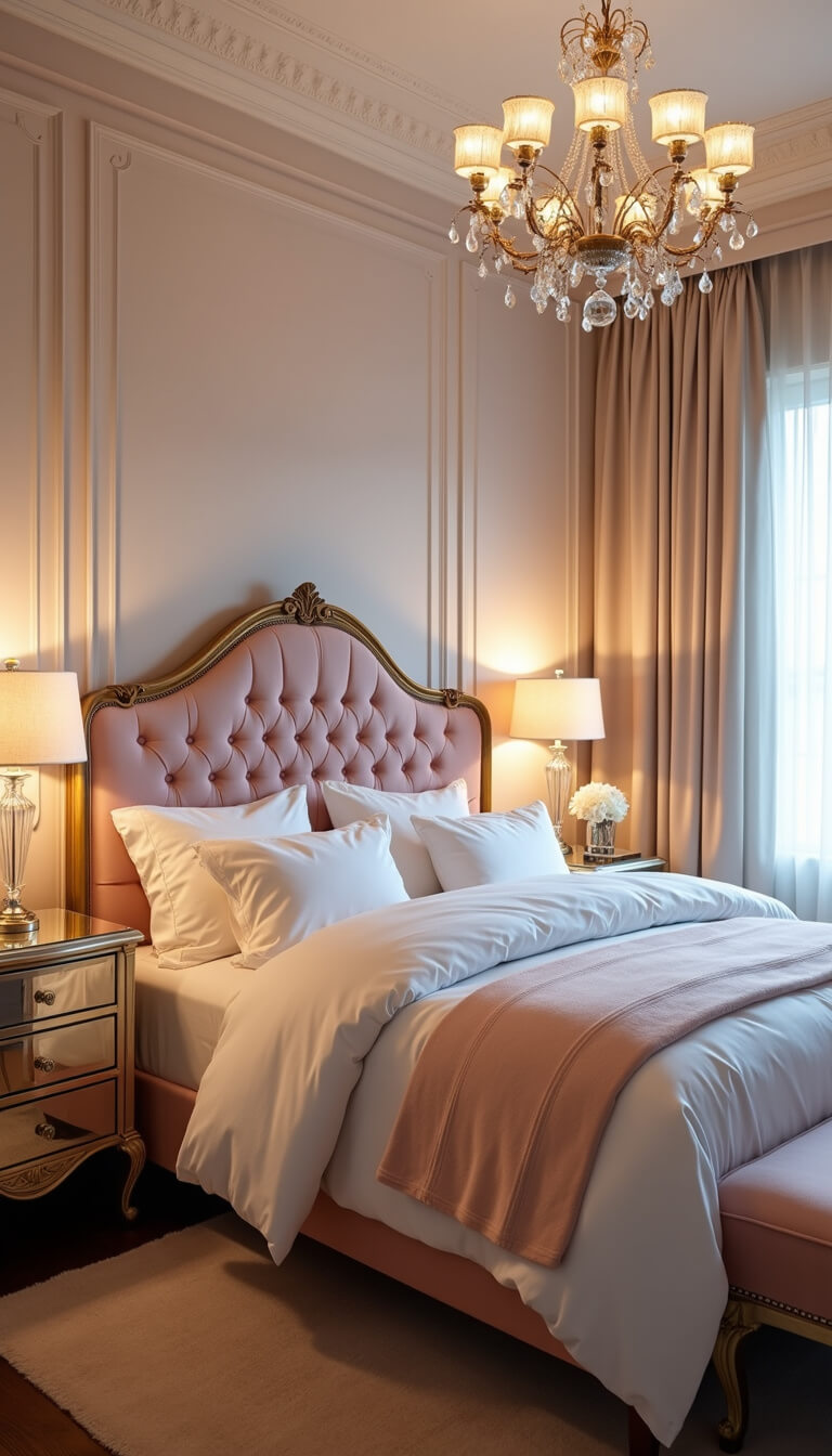 Romantic blush pink bedroom with tufted queen bed, antique mirrors, crystal lamps, and vintage chandelier in soft warm lighting.