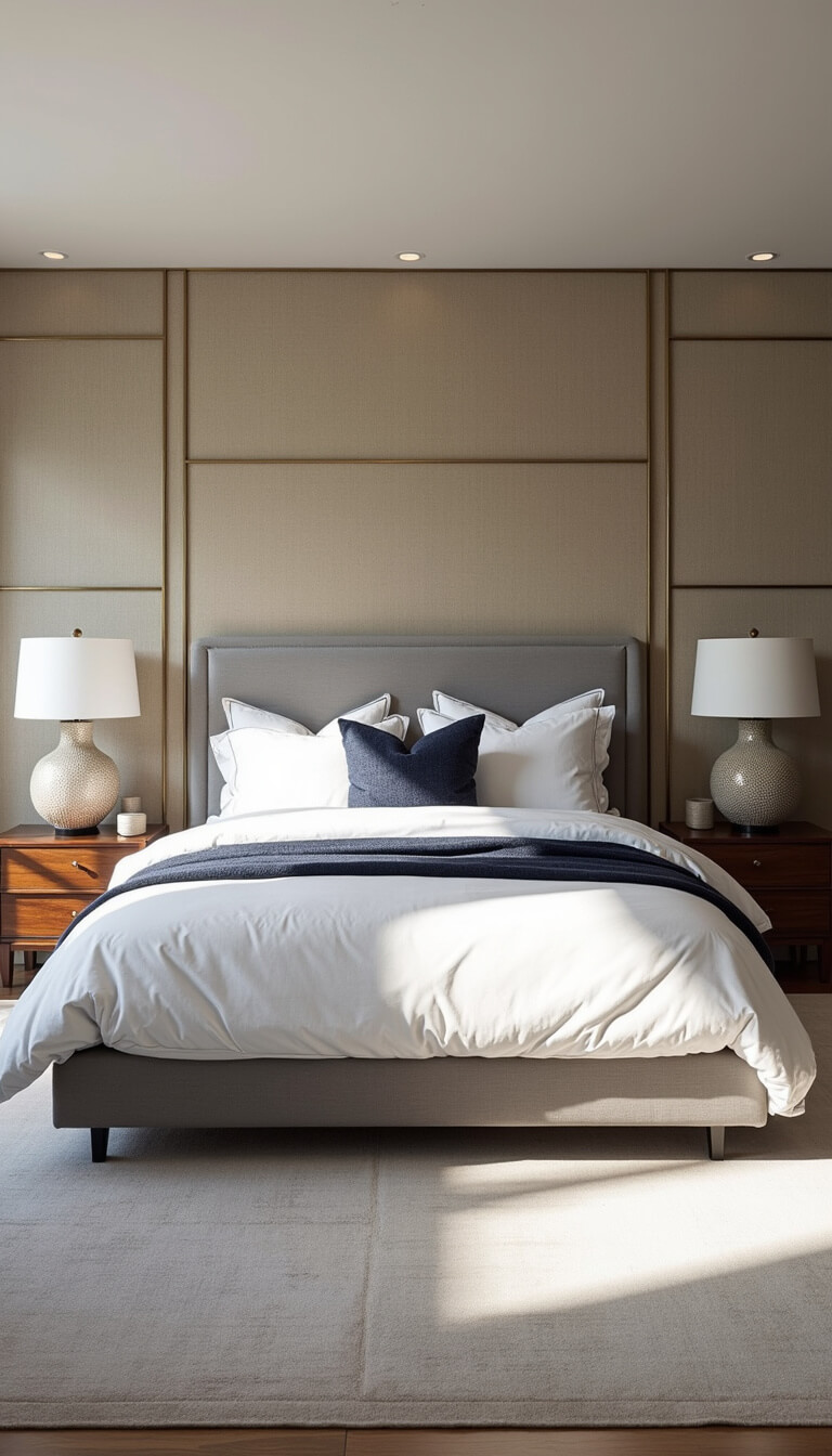 Modern bedroom with gray king bed, grasscloth accent wall, mixed metallic decor, and floating walnut nightstands in bright morning light.