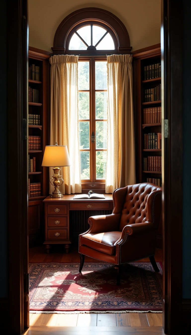 Cozy home library with mahogany desk, leather wingback chair, and floor-to-ceiling bookshelves bathed in golden hour light through arched window.
