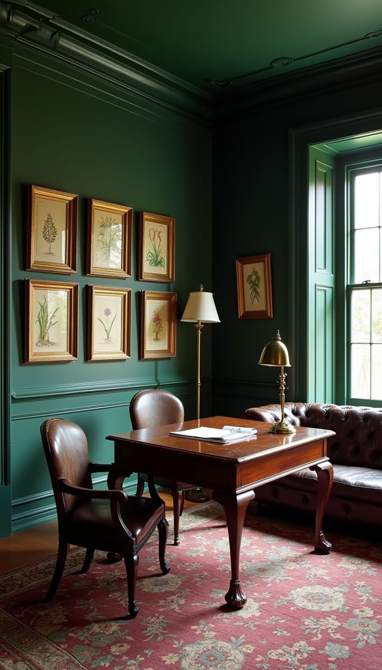 Victorian-style study with hunter green crown molding, central mahogany claw-foot desk, brass floor lamps, vintage botanical gallery wall, and worn brown leather chesterfield sofa in early morning light.