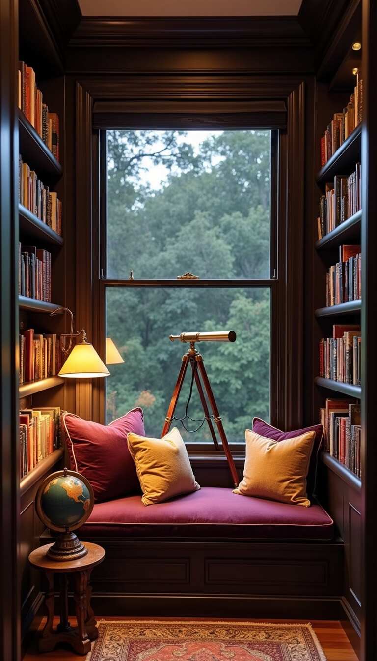 Cozy 8x10ft reading nook with built-in window seat, warm dusk lighting, espresso bookshelves, plum and gold velvet cushions, antique brass telescope, and vintage globe.