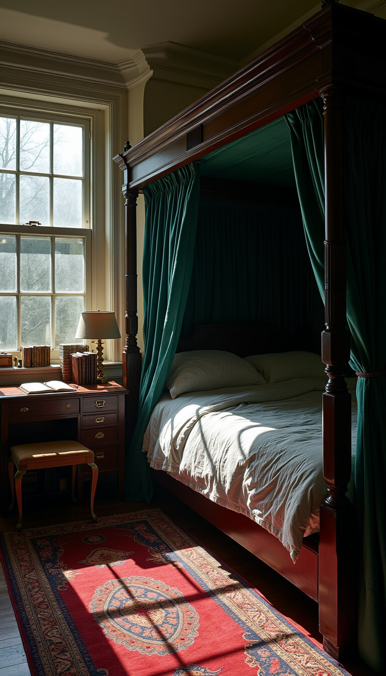 Moody scholar's bedroom with moonlit shadows, featuring a dark mahogany four-poster bed with emerald curtains, antique desk under dormer window, and oriental runner in rich reds and blues.