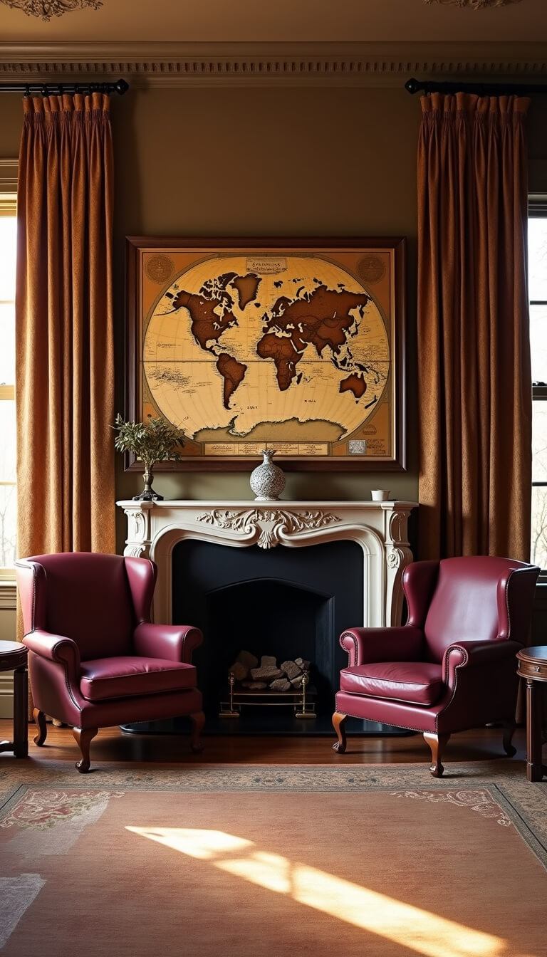Academic sitting room with burgundy leather wingback chairs flanking a carved marble fireplace, oversized antique world map above mantel, golden hour light through damask curtains, and dark walnut side tables with brass accents.