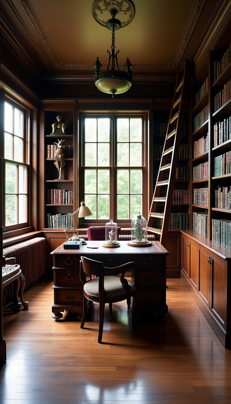 Corner view of a historic 12x15ft home office with bay window, antique partner desk, dark oak floor-to-ceiling bookshelves with brass library ladder, and glass-domed taxidermy specimens.