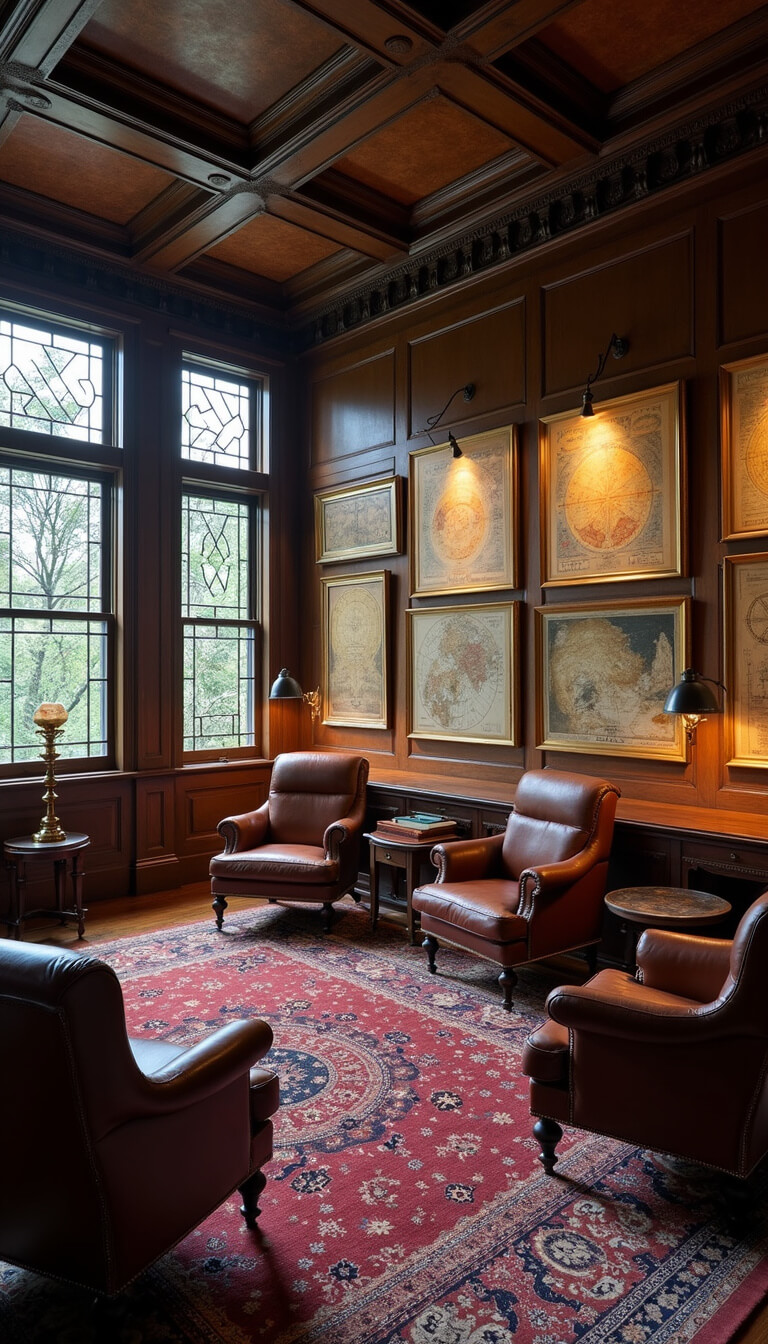 Cozy study lounge with coffered ceiling, leather club chairs on jewel-toned oriental rug, vintage astronomy charts on the wall, and moody rainy light through leaded glass windows.