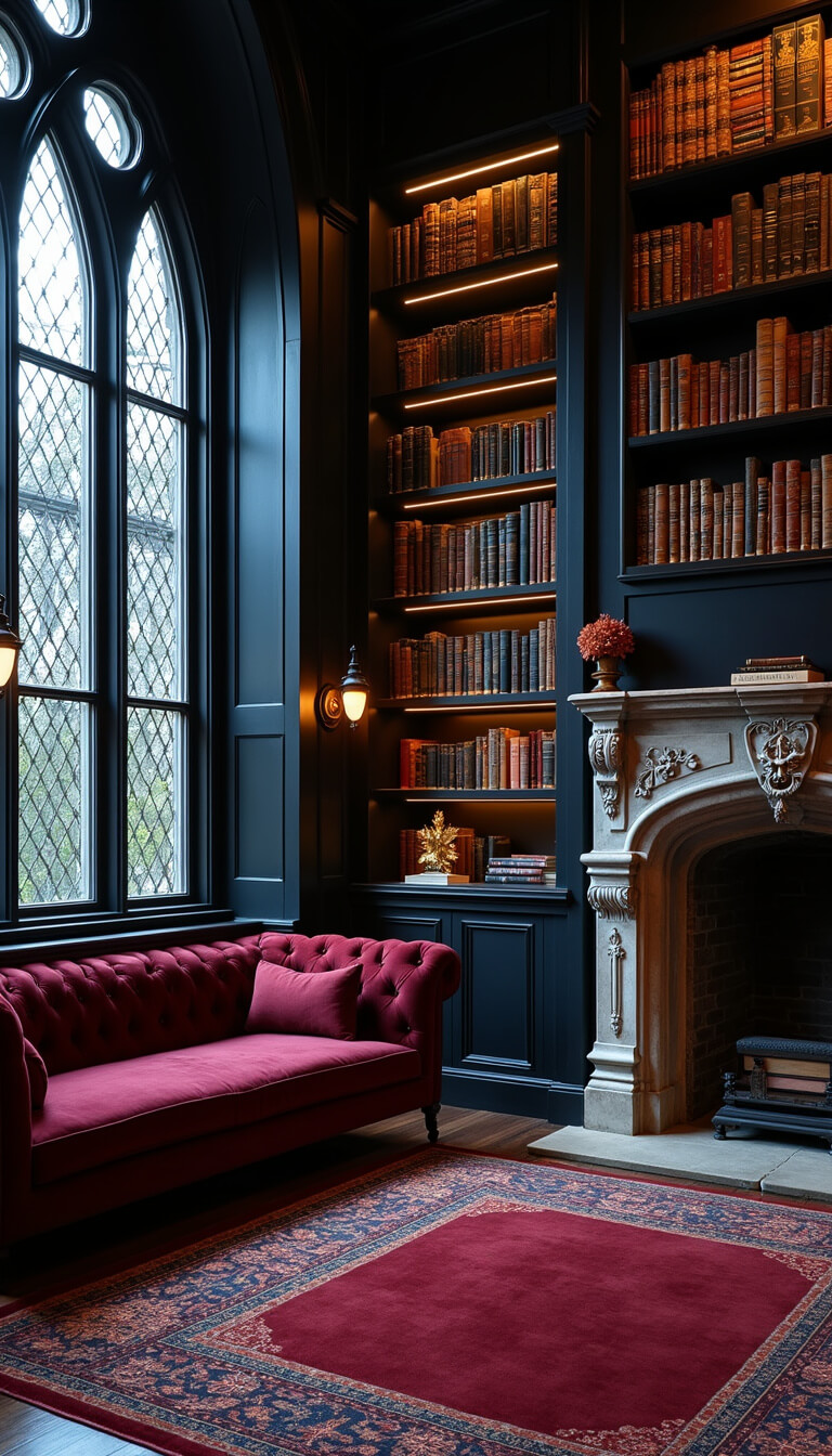 Gothic revival reading room with pointed arch windows, stone fireplace, ebony bookshelves, burgundy velvet settee, and brass lights at twilight.