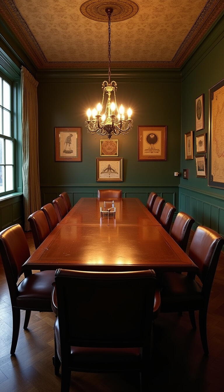 Candlelit scholar's dining room with long mahogany table, leather chairs, dark green walls, specimen displays, and vintage maps.