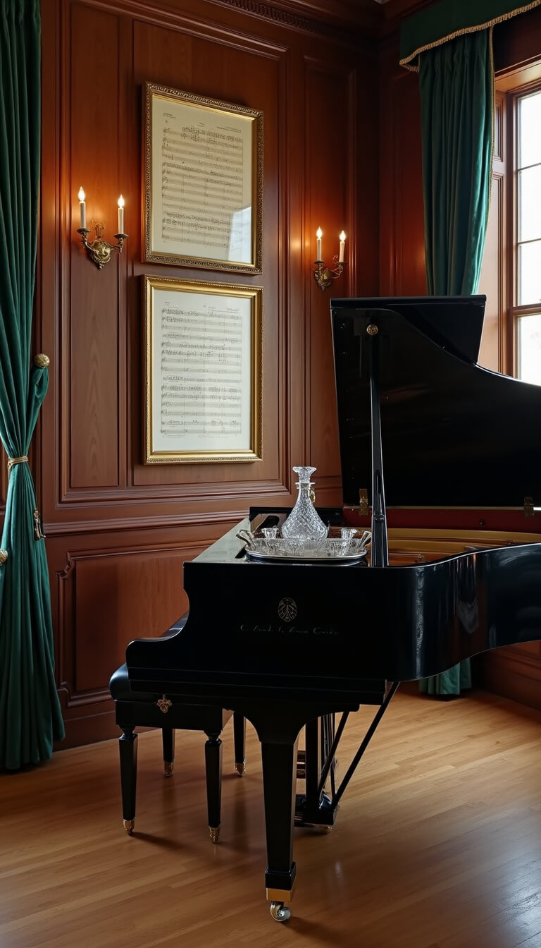 Elegant academic music room with grand piano, dark walnut paneling, vintage sheet music in gilt frames, emerald velvet drapes, and silver tray with crystal decanter, lit by brass sconces in late evening ambiance.