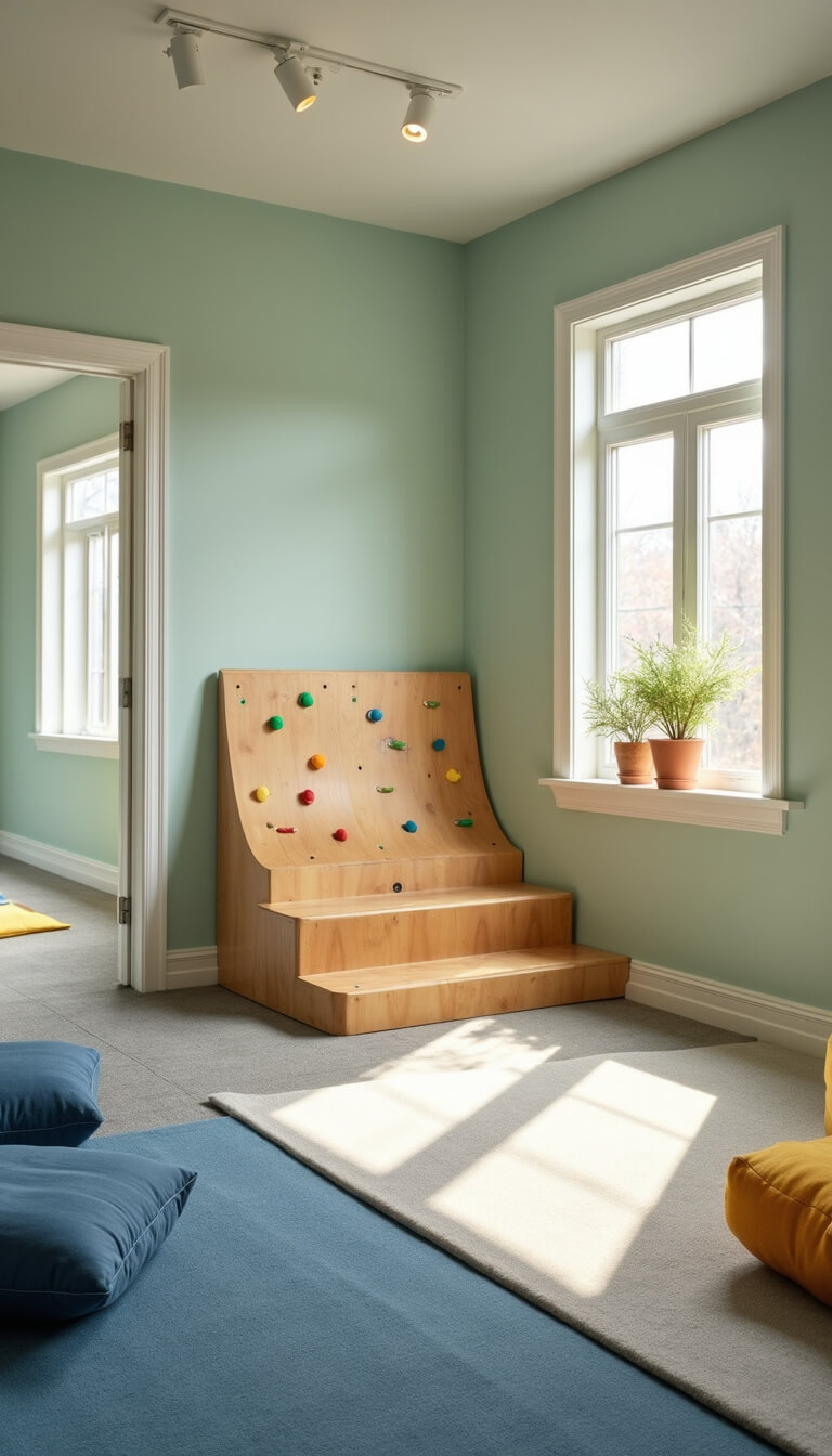 Child's-eye view of a bright basement playroom with a wood climbing structure, colorful holds, soft sage green walls, grey and blue foam tiles, and cozy mustard and navy cushions, lit by morning sun and LED lights.