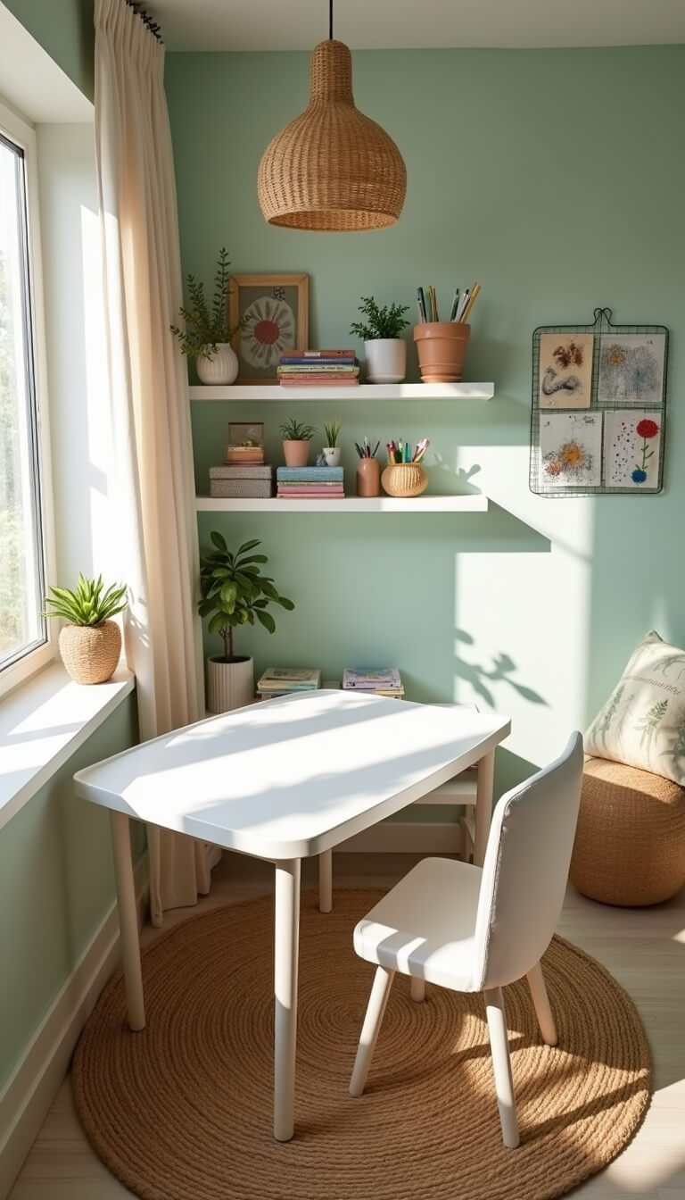 Overhead view of a cozy 12x15ft art corner with a white craft table on a jute rug, surrounded by organized art supplies, children's artwork on a mint green wall, and warm afternoon light.
