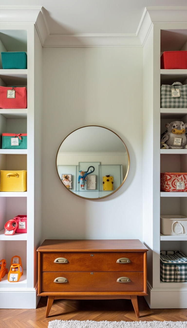 Straight-on view of white cube storage wall with colorful labeled fabric bins, mid-century modern wooden toy chest, and large circular mirror above.