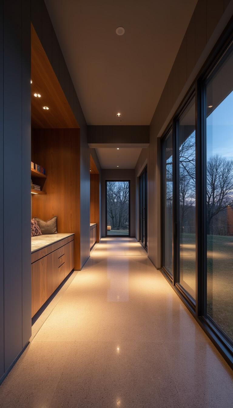 Dusk view of spacious 35ft basement playroom with recessed lighting, showing reading nook, creative zone, and play area in warm tones against cool grey walls.