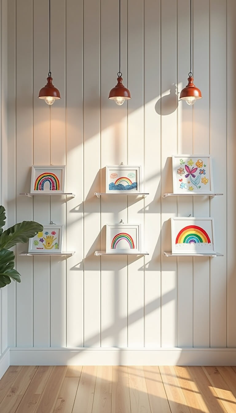 Children's artwork displayed on acrylic shelves against a white shiplap wall, illuminated by morning light with pendant light shadows.