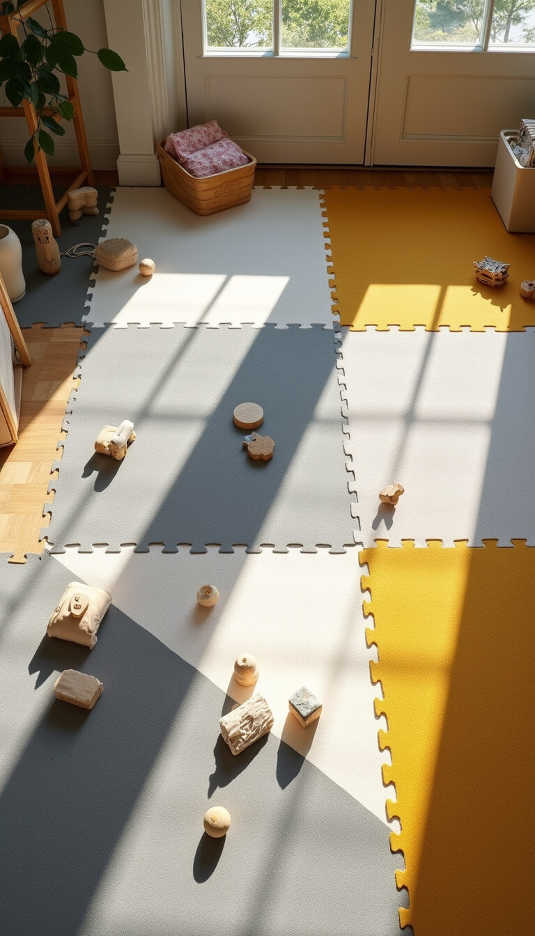 Aerial view of geometric foam play mat in grey, white, and mustard with wooden toys and fabric bins scattered, lit by morning sunlight.
