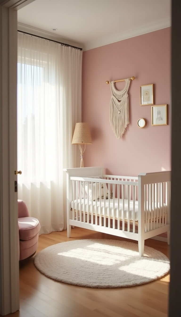 Modern blush pink nursery with white crib, velvet rocker, and gold accents in soft morning light.