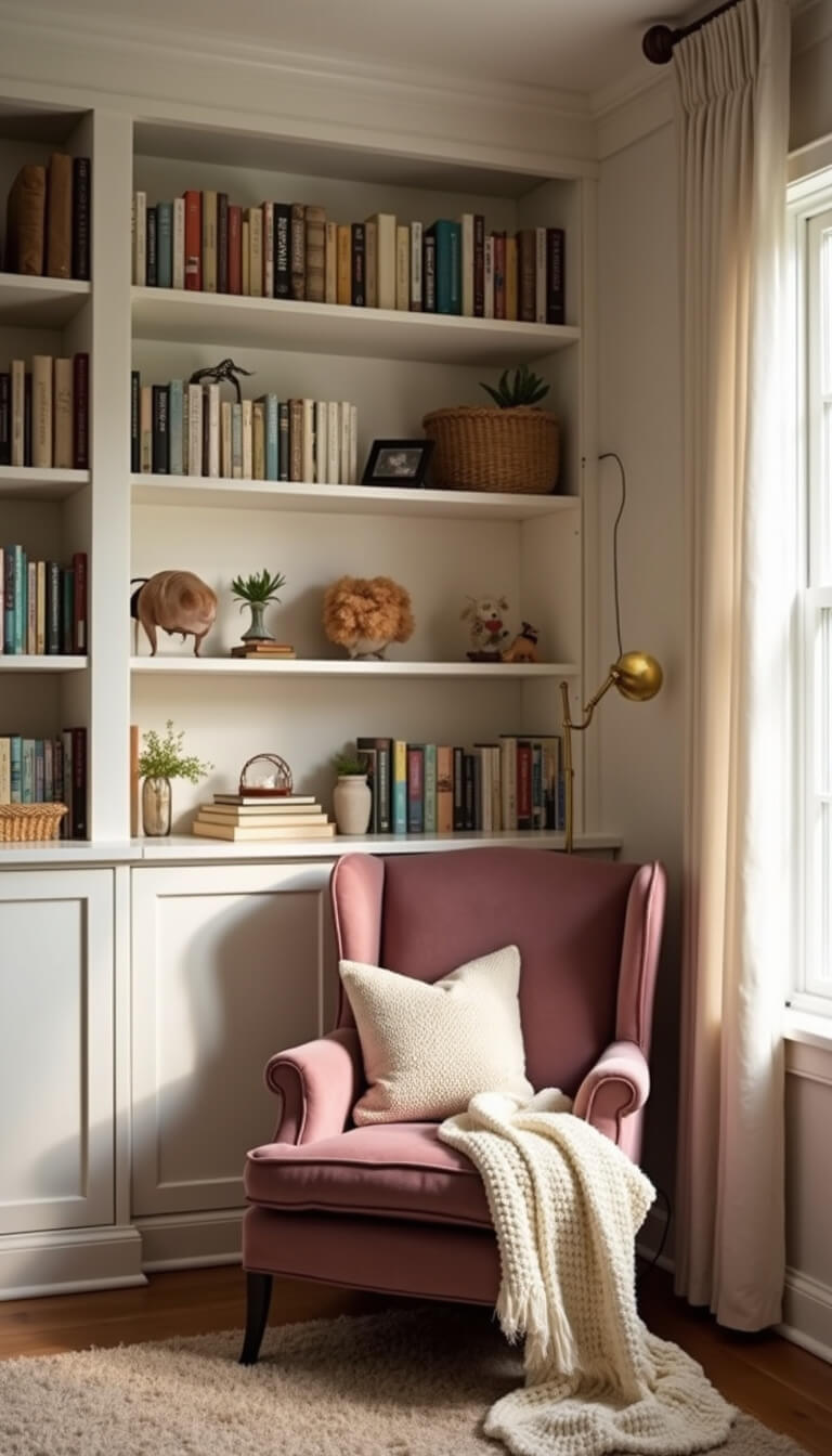 Cozy nursery corner with mauve velvet wingback chair, ivory knit throw, white bookshelf, vintage brass floor lamp, and golden hour lighting.