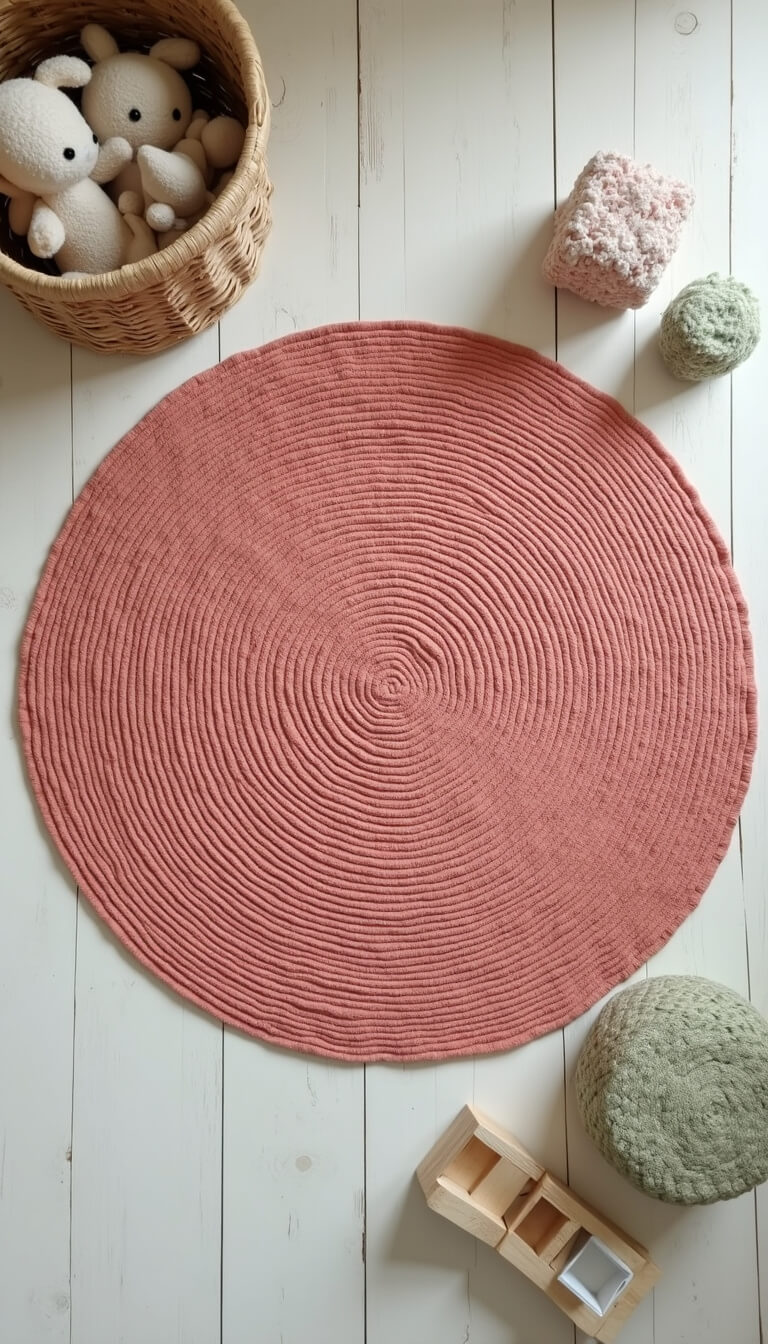 Overhead view of coral pink circular jute rug with white and sage green accents, styled with woven basket, stuffed bunny, and wooden blocks in artistic arrangement.