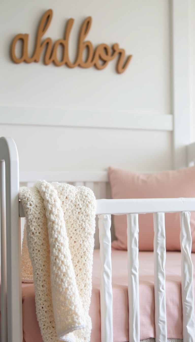 Close-up of crib with blush pink linen bedding, white eyelet skirt, and cream knitted blanket, wooden name sign above, softly lit against white walls.