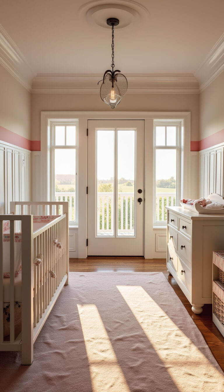 Wide view of a 15x12ft nursery with 9ft ceilings, crown molding, candy pink chair rail stripe, white crib, dresser/changing table, and bookcase, bathed in golden hour light from windows.